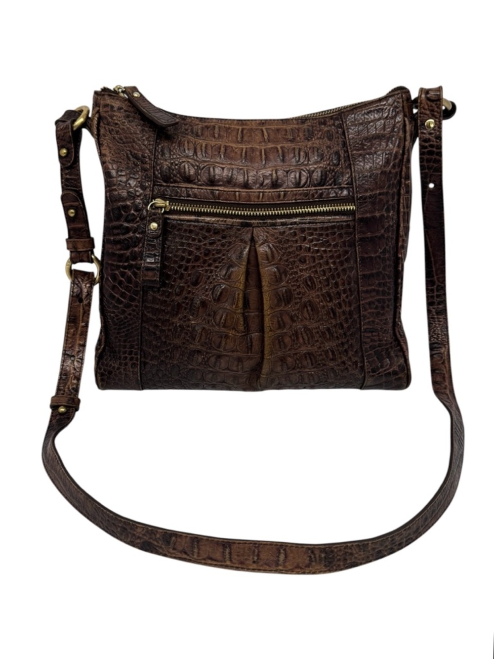 Brahmin Marley Crocodile-Embossed Brown Leather Crossbody Bag Purse 11" x 10" - Picture 3 of 16